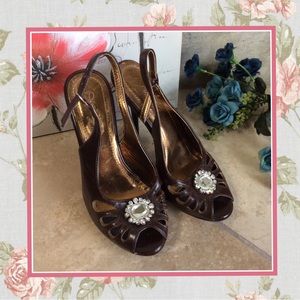 🌸 PEEKABOO SHOES TOE MINI HEEL DIAMOND BOHO BLING RHINESTONE STILETTO BROWN